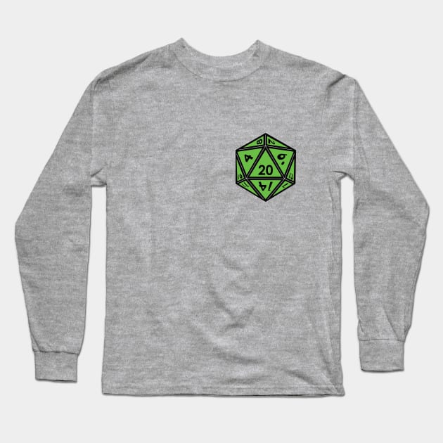 (Pocket) Green D20 Dice (Black Outline) Long Sleeve T-Shirt by Stupid Coffee Designs